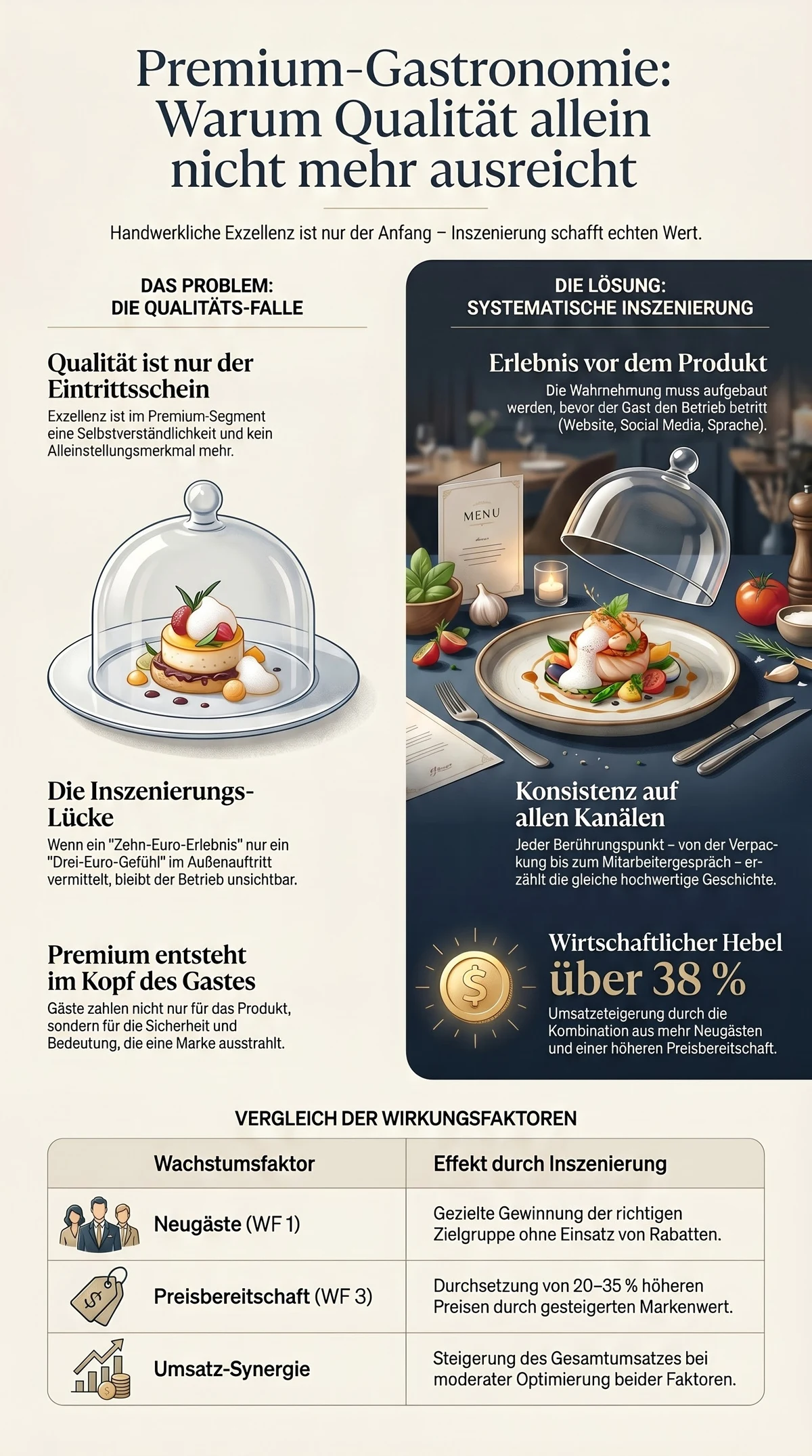 Premium-Gastronomie Infografik: Vollständige Übersicht über Inszenierungs-Lücke, Wachstumsfaktoren und systematische Lösung
