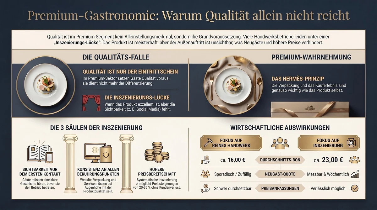 Premium-Gastronomie Infografik: Qualitätsfalle versus systematische Inszenierung mit 3 Säulen und wirtschaftlichen Auswirkungen