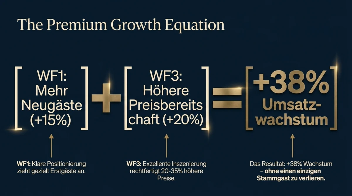 Premium-Gastronomie Wachstumsformel: WF1 Neugäste plus WF3 höhere Preisbereitschaft ergibt 38 Prozent Umsatzwachstum