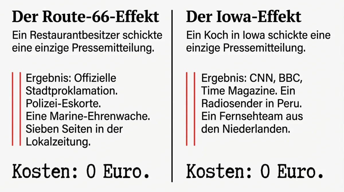 Restaurant Pressearbeit Beispiele: Route-66-Effekt und Iowa-Effekt – eine Pressemitteilung, null Euro Kosten, maximale Medienwirkung