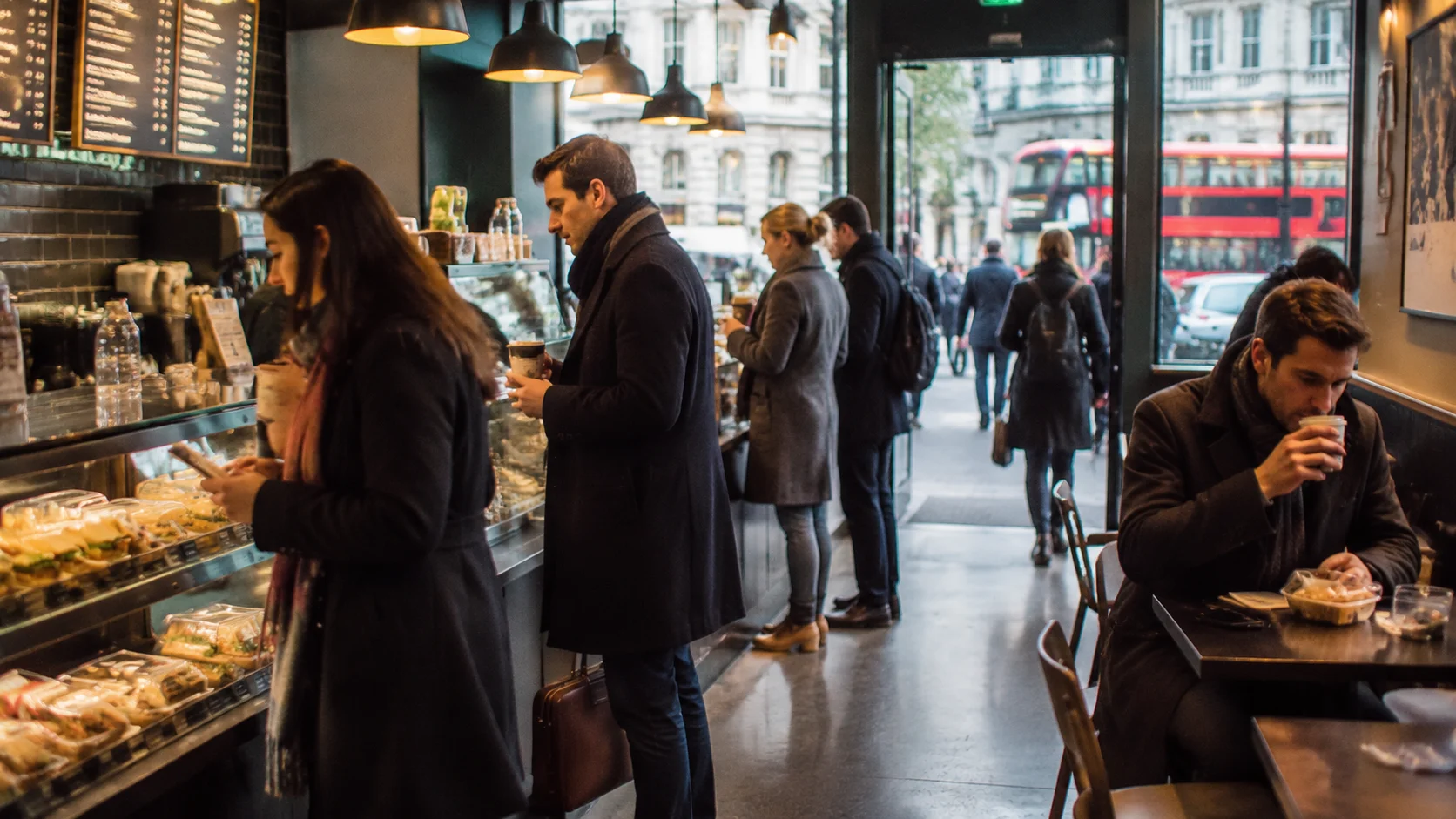 Londoner Coffee-Shop-Innenraum am Morgen mit Pendlern, die vorgefertigte Sandwiches und Kaffee greifen, gedämpfte grau-burgund-rote Branding, Tageslicht von außen