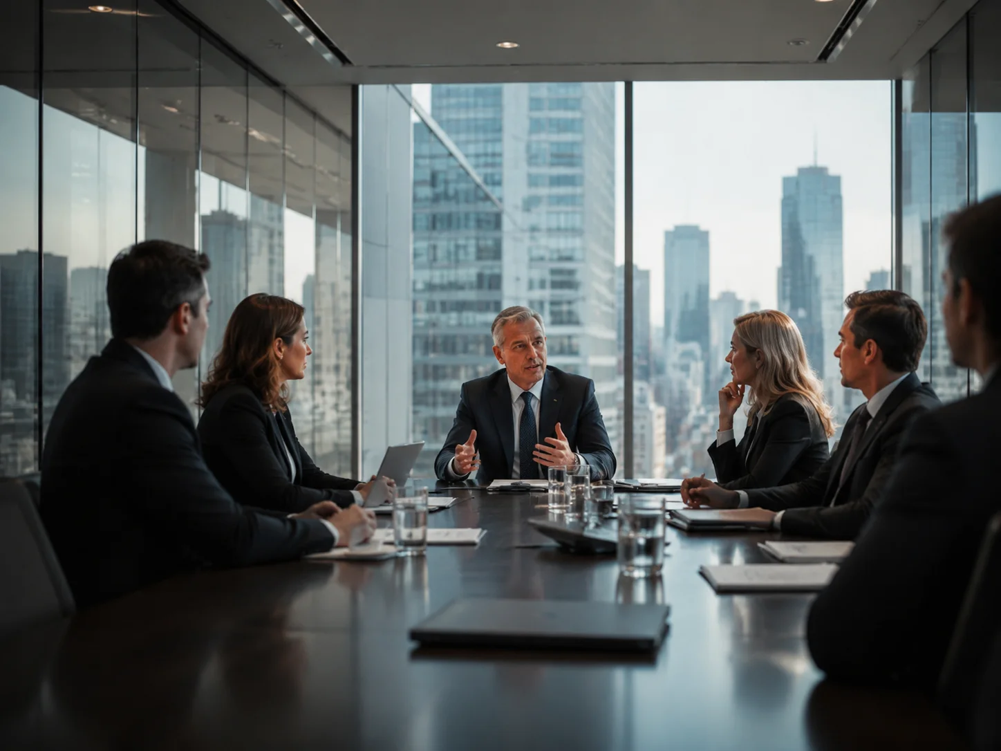 Cinematic-Aufnahme eines Corporate-Boardrooms mit Executives, Glaswänden, urbaner Skyline im Hintergrund, neutrale editoriale Töne