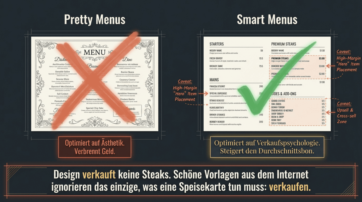 Pretty Menus vs Smart Menus: Speisekarten-Vorlagen optimiert auf Ästhetik verbrennen Geld – optimiert auf Verkaufspsychologie steigern den Durchschnittsbon