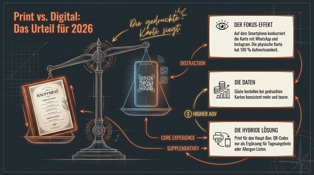 Print vs Digital Speisekarte 2026: Die gedruckte Karte siegt – Fokus-Effekt, höherer Durchschnittsbon, hybride Lösung empfohlen