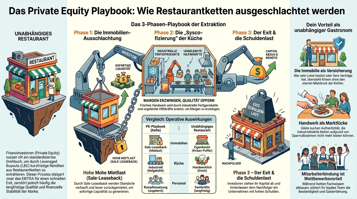 Private-Equity-Playbook 3 Phasen Übersicht: Sale-Leaseback, Sysco-fizierung und Exit mit Schuldenlast