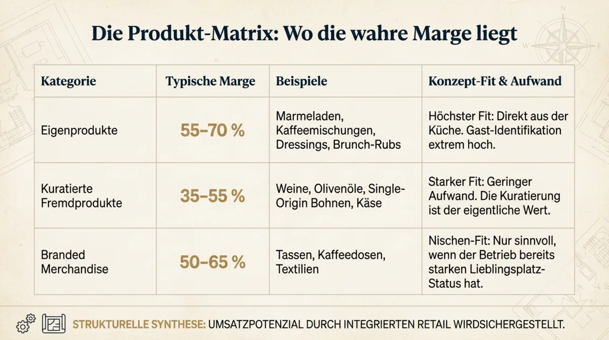 Produkt-Matrix Café: Eigenprodukte 55–70 %, kuratierte Fremdprodukte 35–55 %, Branded Merchandise 50–65 % Marge