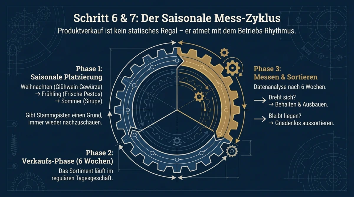 Saisonaler Mess-Zyklus für Café-Produktverkauf: Phase 1 Saisonale Platzierung, Phase 2 Verkaufsphase 6 Wochen, Phase 3 Messen und aussortieren
