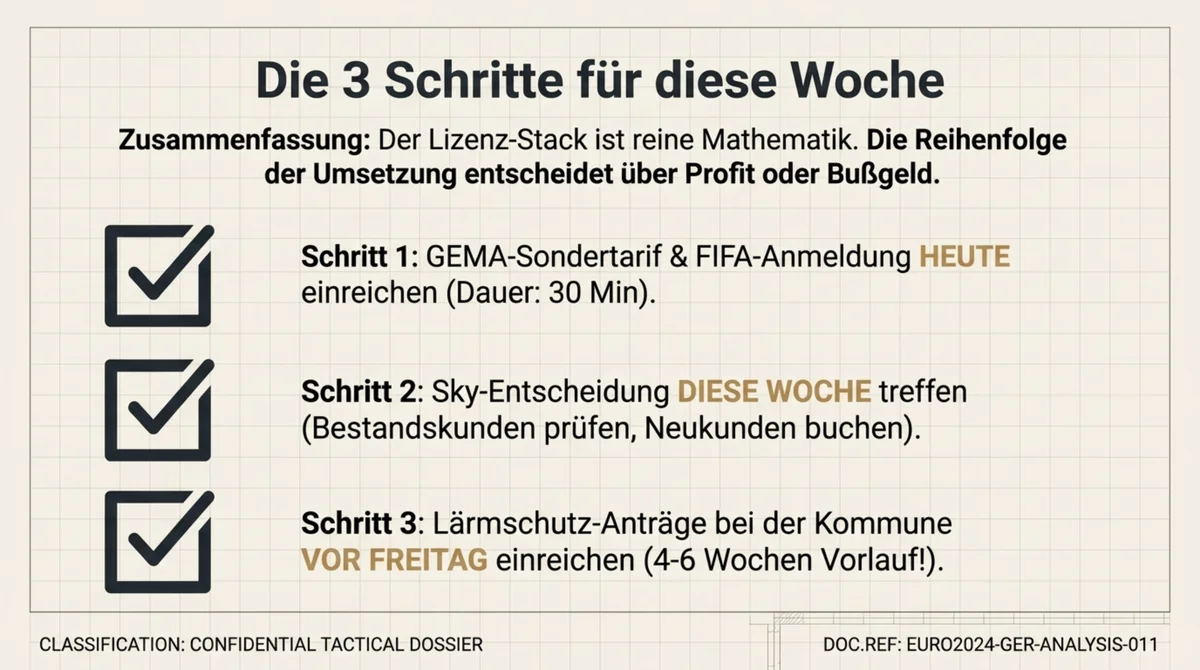 Public Viewing Lizenz-Stack drei Schritte Restaurant: GEMA und FIFA heute 30 Minuten, Sky-Entscheidung diese Woche, Lärmschutz-Antrag vor Freitag 4-6 Wochen Vorlauf