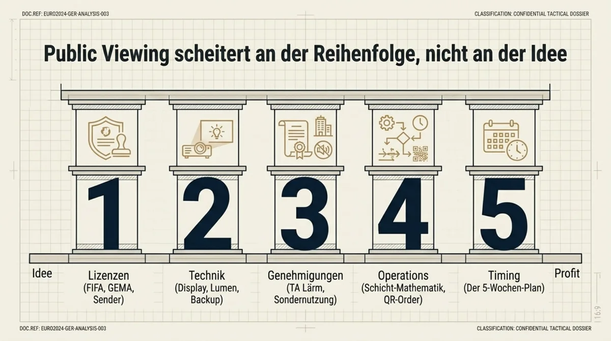 Public Viewing Restaurant aufbauen: 5 Hürden in richtiger Reihenfolge – Lizenzen, Technik, Genehmigungen, Operations, Timing