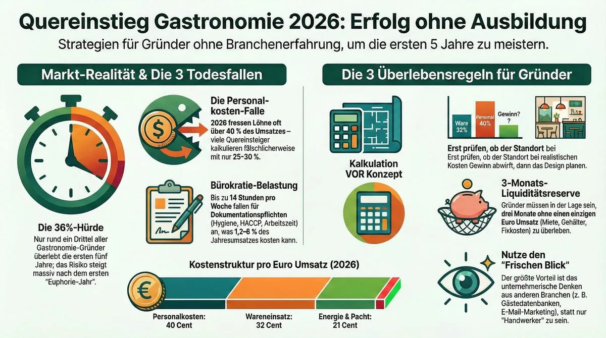 Quereinsteiger Gastronomie 2026 Infografik: Markt-Realität, Personalkosten-Falle und 3 Überlebensregeln