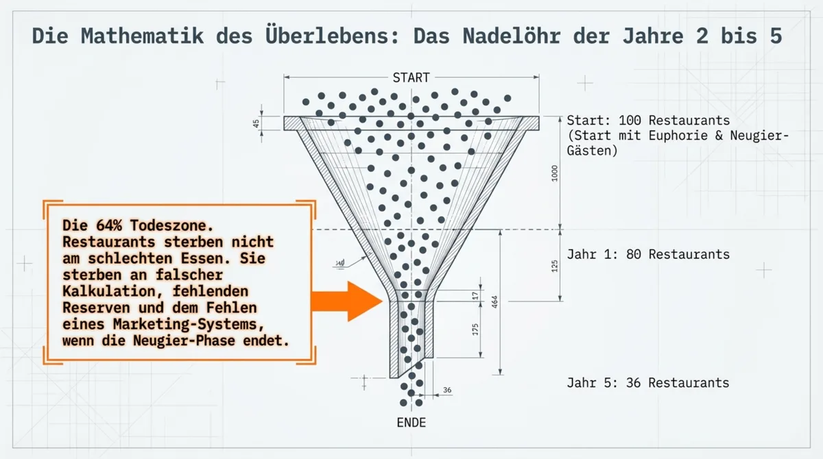 Gastronomie Überlebensrate Mathematik: 80,2 Prozent überstehen Jahr 1 – nur 36 Prozent nach Jahr 5
