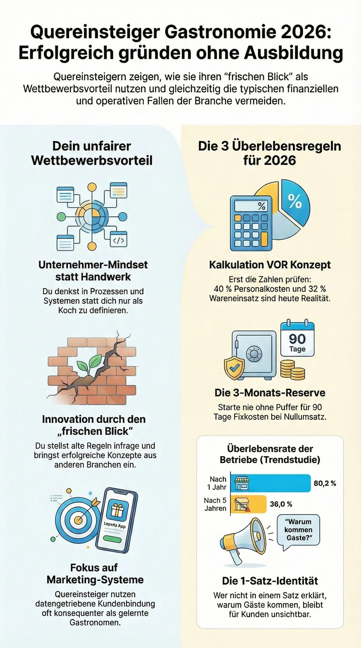 Quereinsteiger Gastronomie 2026 Infografik: Wettbewerbsvorteile und Überlebensregeln im Überblick