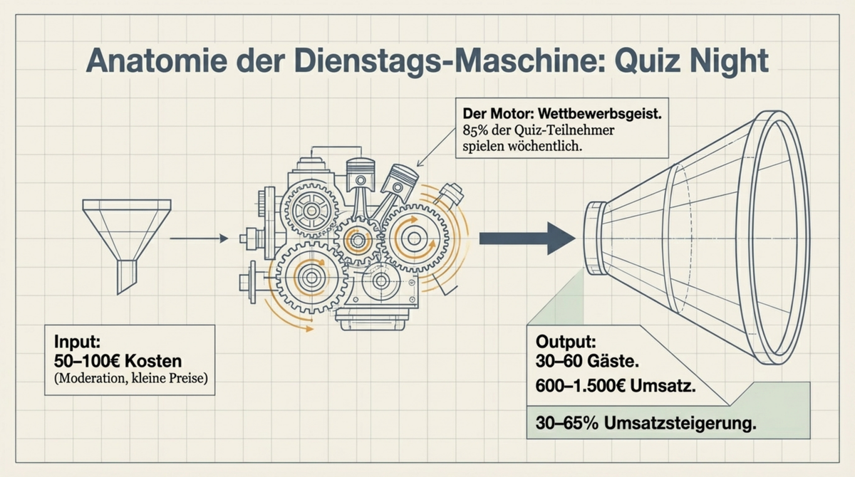 Anatomie der Dienstags-Maschine Quiz Night: Input 50-100 Euro für Moderation, Output 30-60 Gäste und 600-1.500 Euro Umsatz, 30-65 Prozent Umsatzsteigerung
