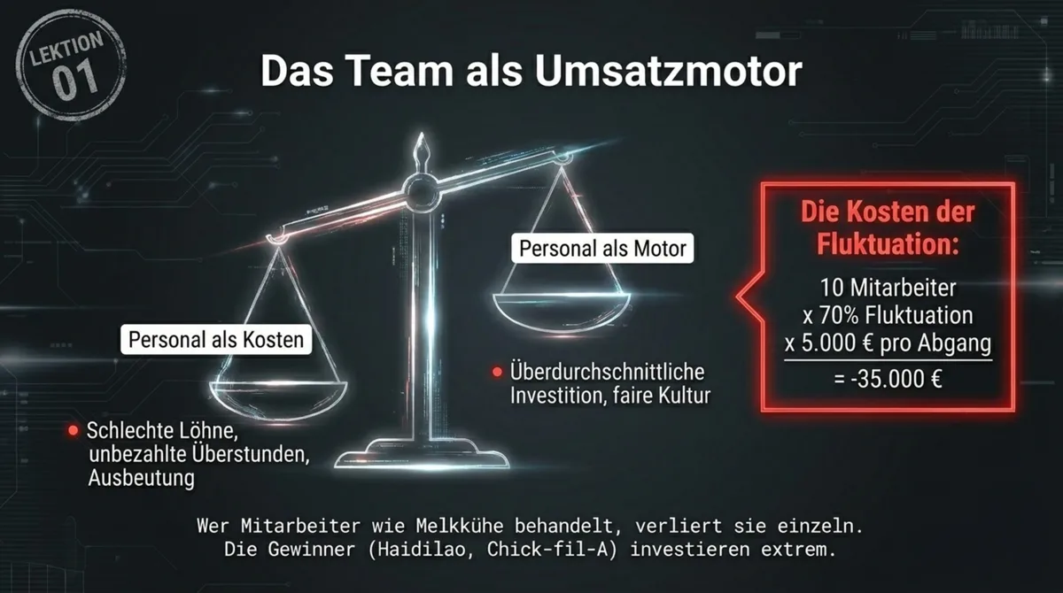 Das Team als Umsatzmotor: Personal als Kostenfaktor kostet 10 Mitarbeiter mal 70 Prozent Fluktuation mal 5.000 Euro gleich 35.000 Euro verbranntes Geld pro Jahr