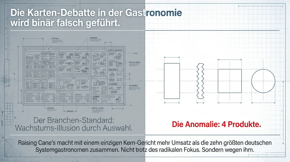 Raising Cane's Karten-Strategie: Branchen-Standard vs. 4 Produkte – die radikale Menü-Reduktion