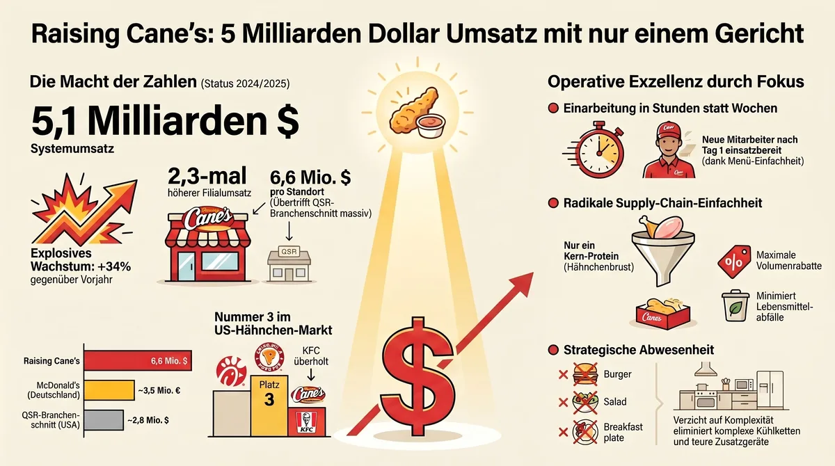 Raising Cane's Kennzahlen 2024: 5,1 Milliarden Dollar Systemumsatz, 6,6 Millionen Filialumsatz, Vergleich QSR-Branchenschnitt