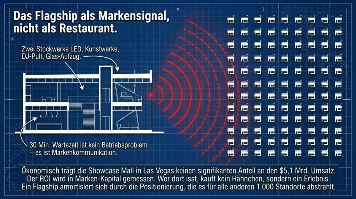 Raising Cane's Las Vegas Flagship als Markensignal: Zwei Stockwerke LED, Kunstwerke, Glas-Aufzug in der Showcase Mall
