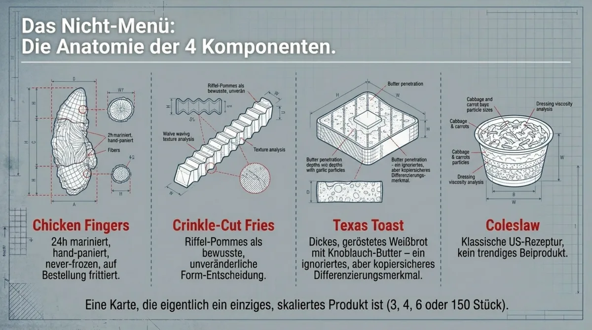 Das Raising Cane's Nicht-Menü: Anatomie der 4 Komponenten – Chicken Fingers, Crinkle-Cut Fries, Texas Toast, Coleslaw