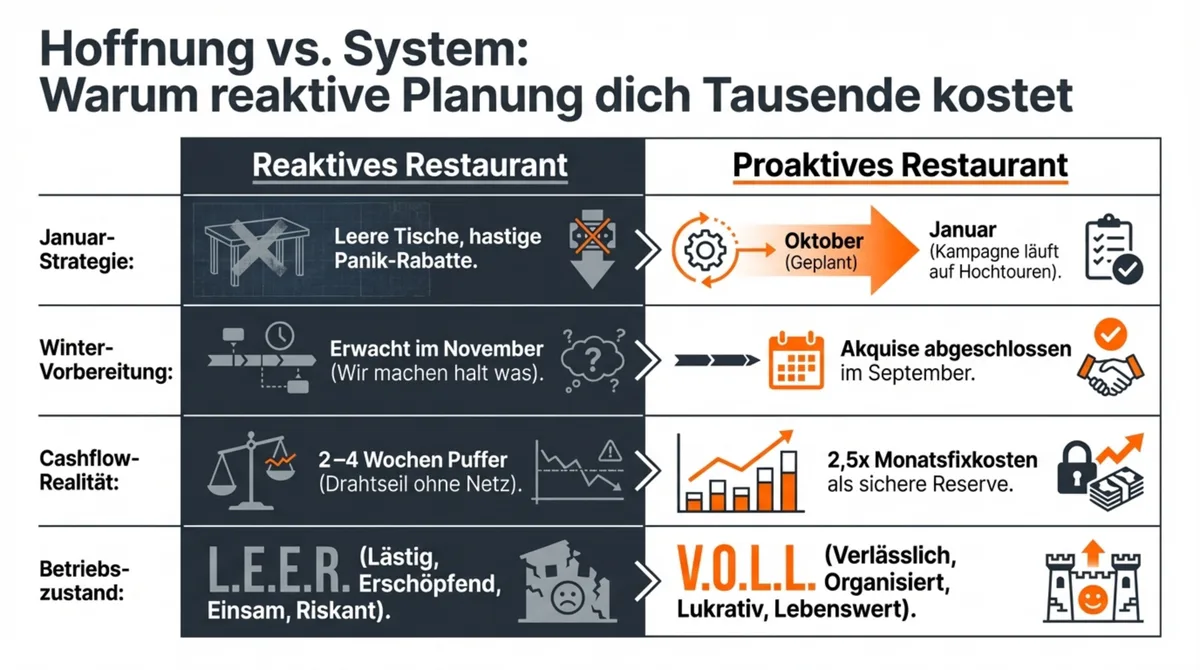 Vergleich reaktives und proaktives Restaurant: Hoffnung vs. System bei saisonaler Planung mit L.E.E.R. und V.O.L.L.