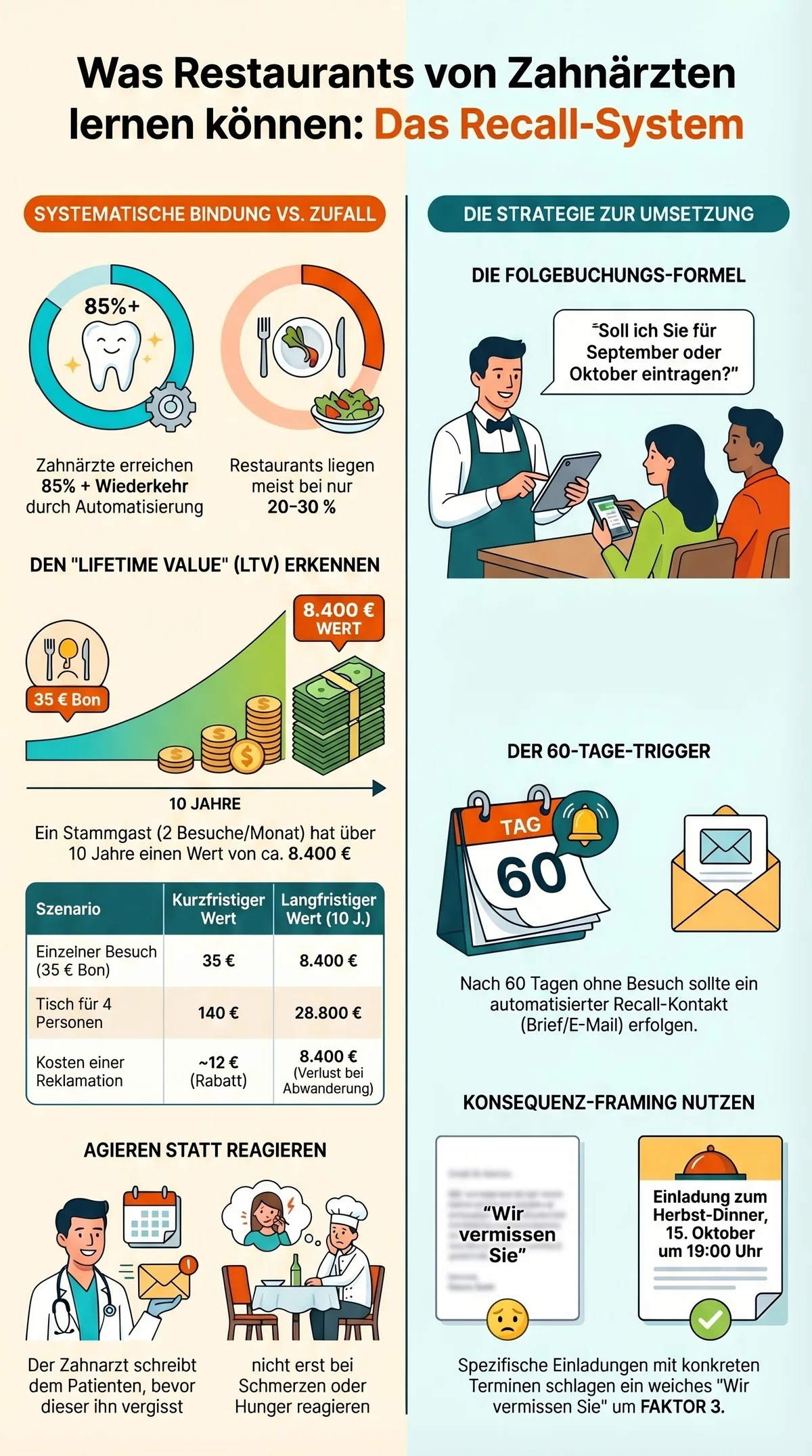 Recall-System Zahnarzt und Restaurant – Infografik: Systematische Bindung vs Zufall