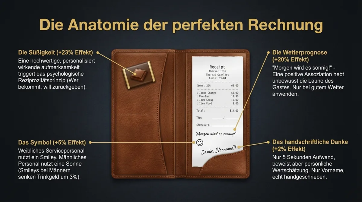Rechnung Trinkgeld Psychologie Restaurant: Süßigkeit plus 23%, Wetterprognose plus 20%, Smiley plus 5%, handschriftliches Danke plus 2% – Anatomie der perfekten Rechnung