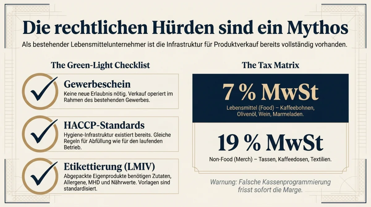 Checkliste rechtliche Voraussetzungen Produktverkauf Café: Gewerbeschein vorhanden, HACCP-Standards vorhanden, 7 % MwSt Lebensmittel vs. 19 % Non-Food