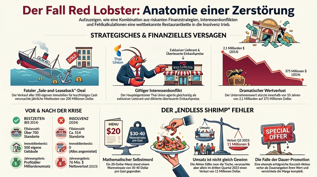 Red Lobster Insolvenz Infografik: Sale-and-Leaseback, Thai Union Interessenkonflikt und Endless Shrimp Fehler im Überblick