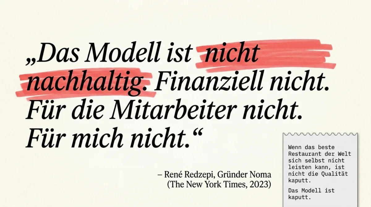René Redzepi Zitat: Das Modell ist nicht nachhaltig – finanziell nicht, für die Mitarbeiter nicht, für mich nicht