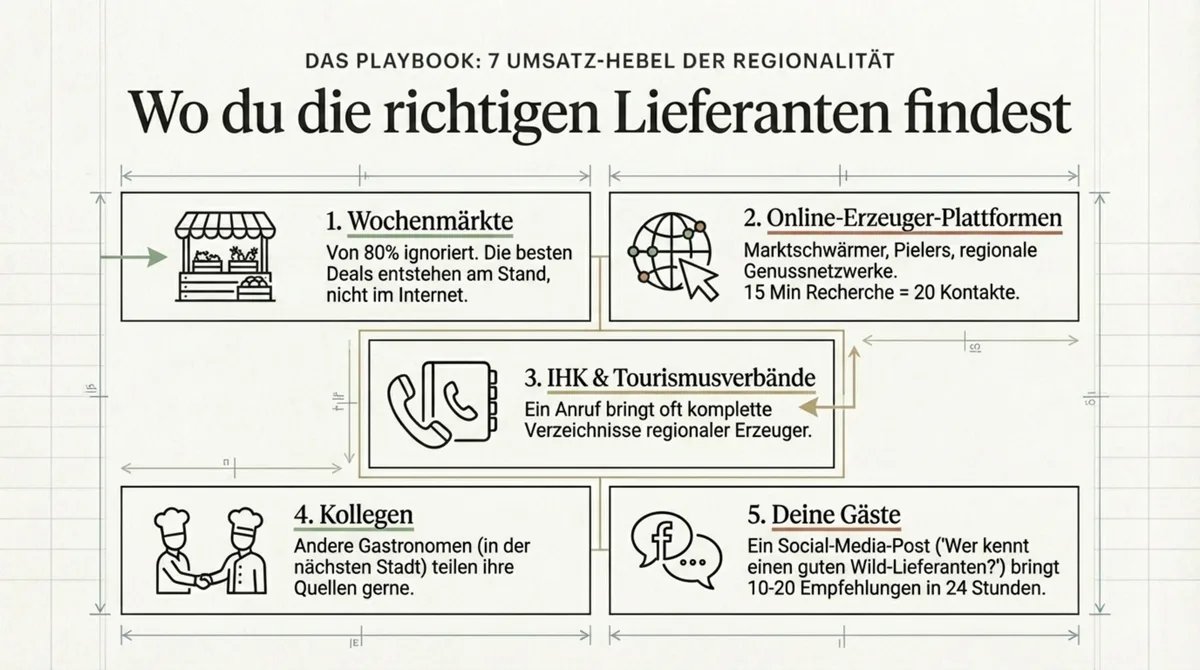 5 Quellen für regionale Lieferanten: Wochenärkte, Online-Plattformen, IHK, Gastronomie-Kollegen, eigene Gäste