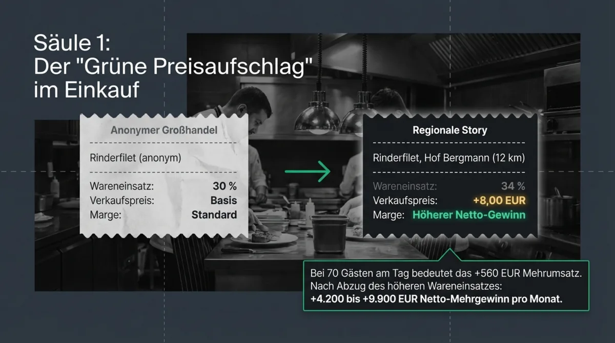 Vergleich anonymer Großhandel vs. regionaler Lieferant Restaurant: +8 EUR Verkaufspreis bei 34% Wareneinsatz, höherer Netto-Gewinn