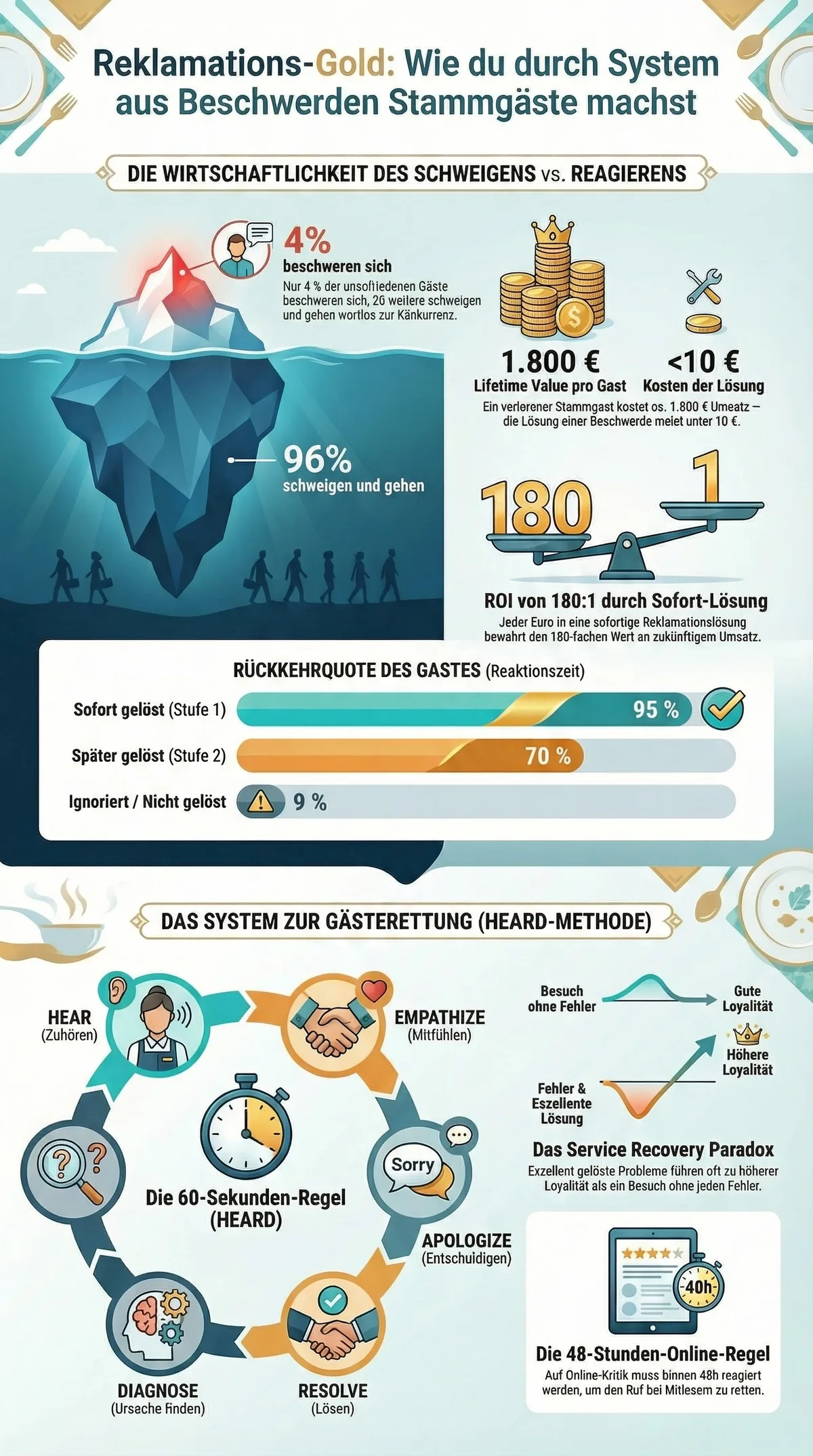Infografik Beschwerdemanagement Gastronomie: Zahlen, HEARD-Methode und ROI des Reklamations-Systems