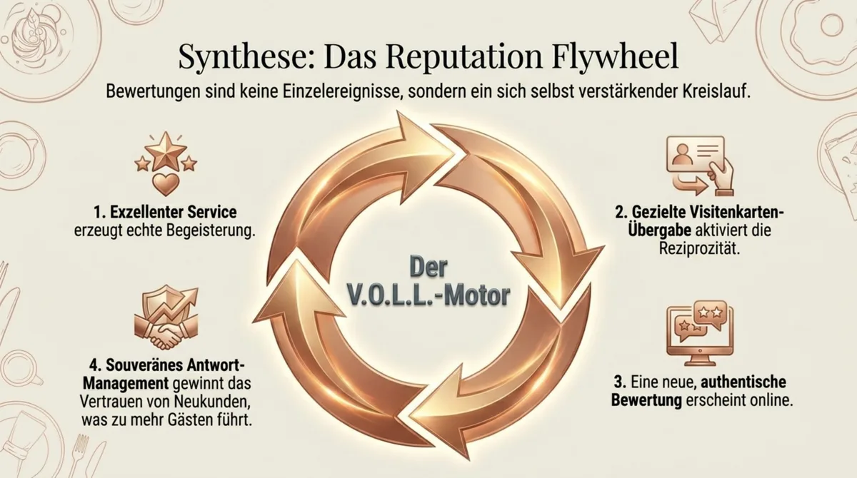 Das Reputation Flywheel im Restaurant: Exzellenter Service, gezielte Visitenkarten-Übergabe, authentische Online-Bewertung und souveränes Antwort-Management bilden den V.O.L.L.-Motor für mehr Gäste