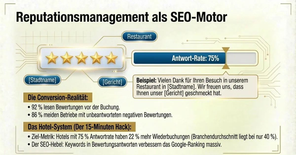 Reputationsmanagement als SEO-Motor: Bewertungen mit Keywords beantworten – Hotels mit 75 Prozent Antwortrate haben 22 Prozent mehr Wiederbuchungen