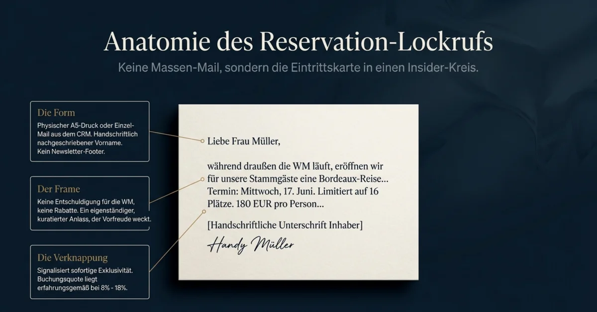 Anatomie des Reservation-Lockrufs für Fine-Dining-Stammgäste: Physischer A5-Brief mit persönlichem Frame, Verknappung auf 16 Plätze, Buchungsquote 8–18 Prozent