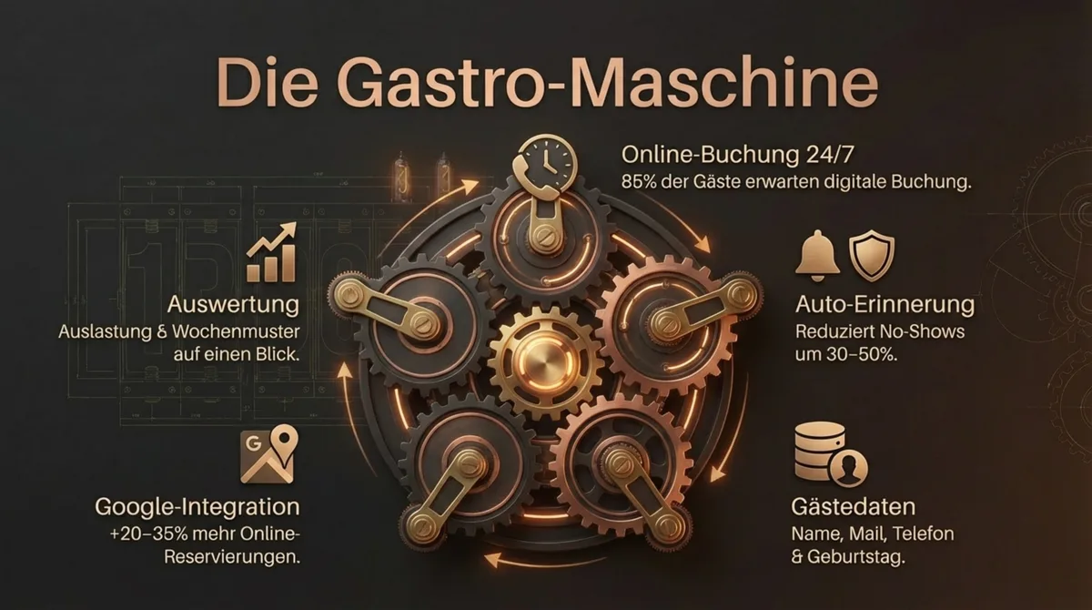 Die 5 Kernfunktionen eines Online-Reservierungssystems für Restaurants: Online-Buchung, Auto-Erinnerung, Gästedaten, Google-Integration, Auswertung