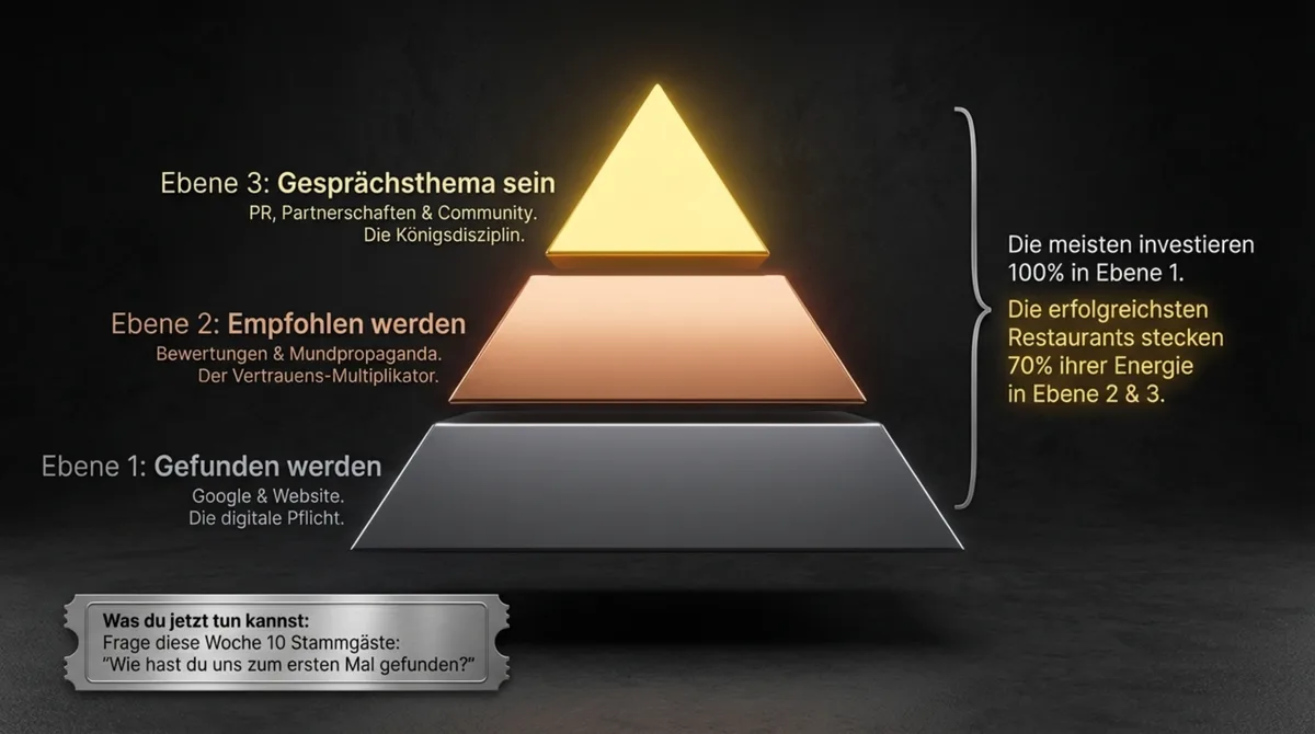 3-Ebenen-Pyramide der Restaurant-Bekanntheit: Gefunden werden, Empfohlen werden, Gesprächsthema sein