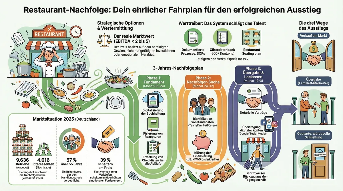 Restaurant 3-Jahres-Nachfolgeplan: Alle Phasen von Monat 36 bis 0 auf einen Blick