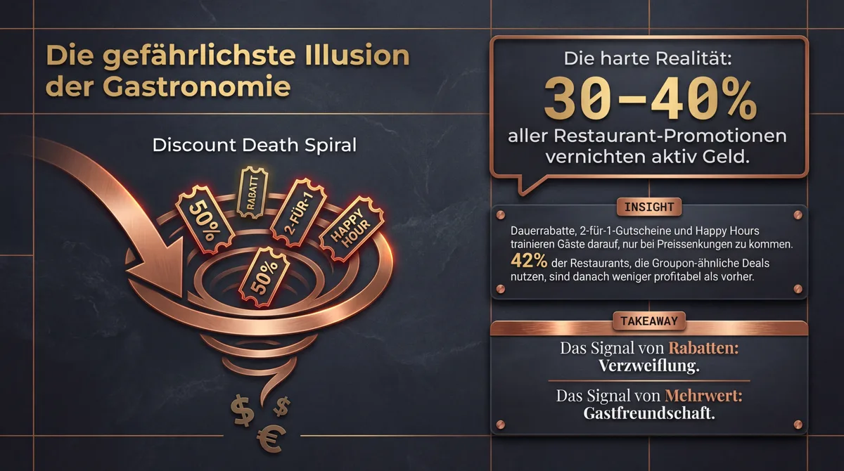 Die Discount Death Spiral: 30 bis 40 Prozent aller Restaurant-Promotionen vernichten aktiv Geld durch Rabatte, 2-für-1-Gutscheine und Happy Hours