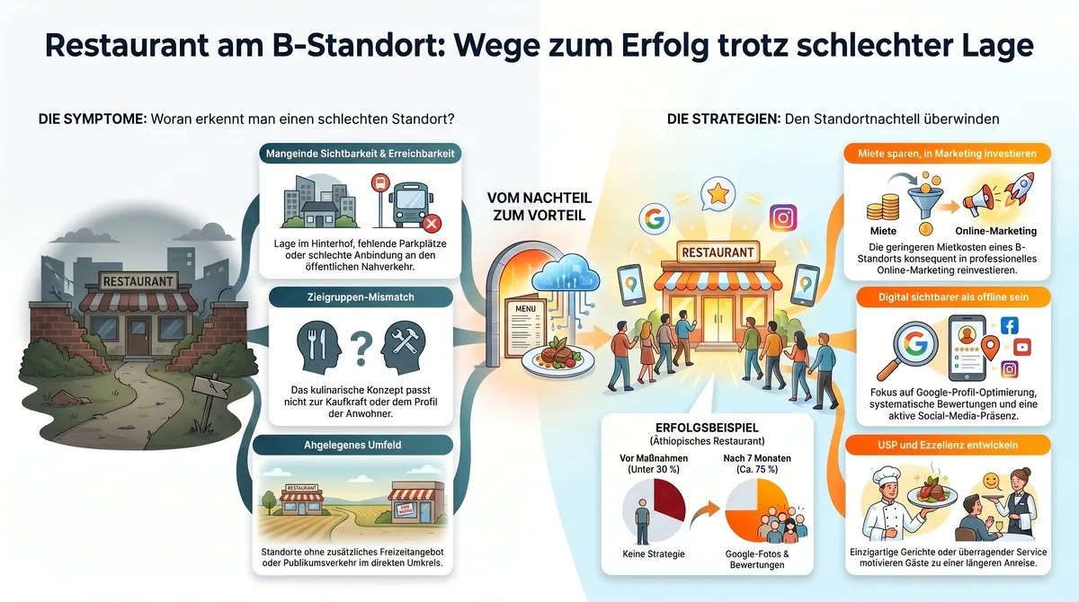 Infografik: Restaurant am B-Standort – Strategien für Sichtbarkeit, Marketing, USP und Lieferung im Überblick