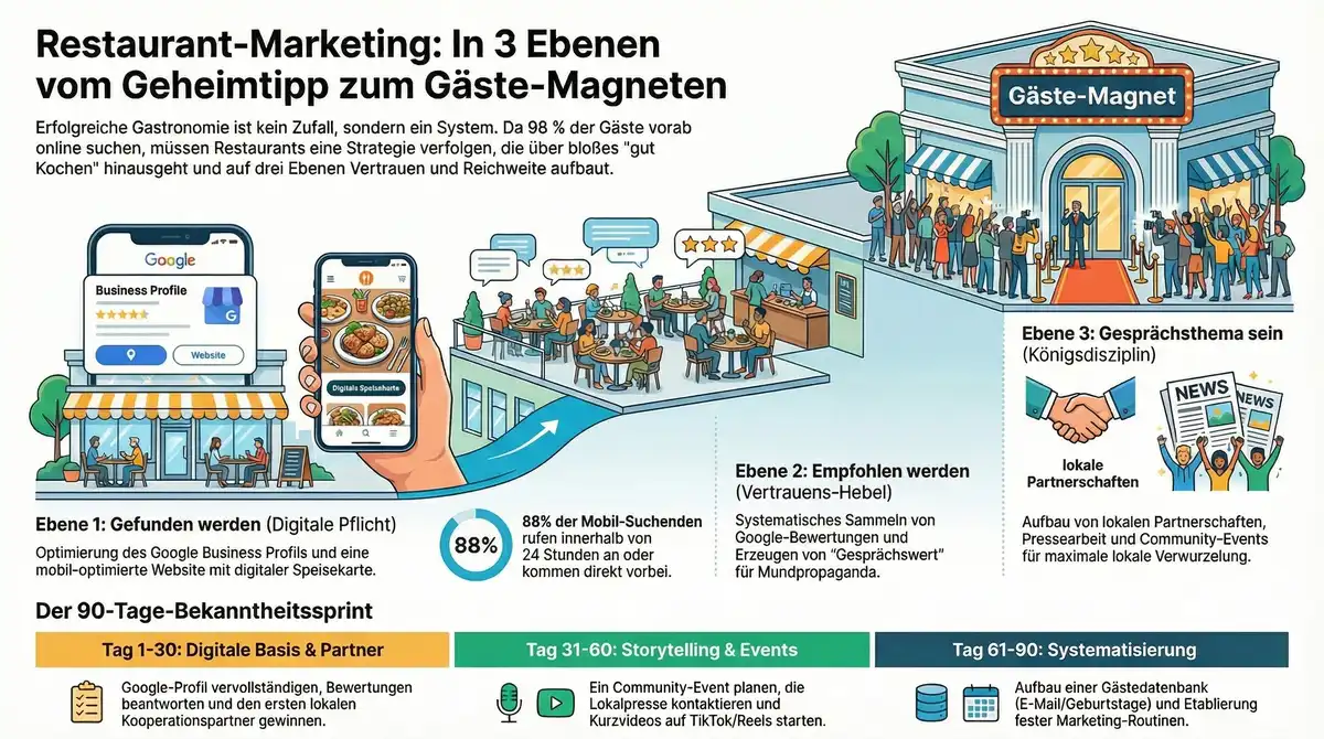 Restaurant bekannt machen: Infografik zeigt das 3-Ebenen-System von Gefunden werden bis Gesprächsthema sein