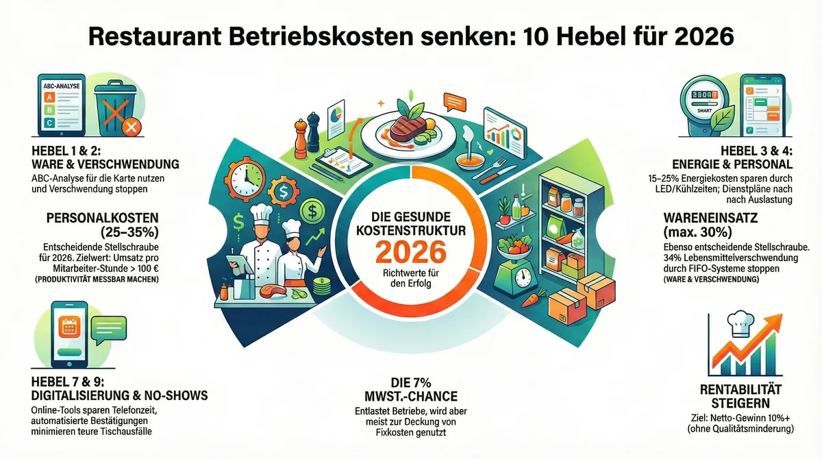 Infografik: 10 Hebel zur Senkung der Restaurant-Betriebskosten 2026 – Wareneinsatz, Food Waste, Energie, Personal, Einkauf, Verträge und Digitalisierung