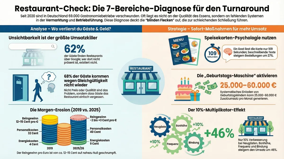 Restaurant-Check Infografik: 7-Bereiche-Diagnose mit Margen-Statistiken und 10%-Multiplikator-Effekt