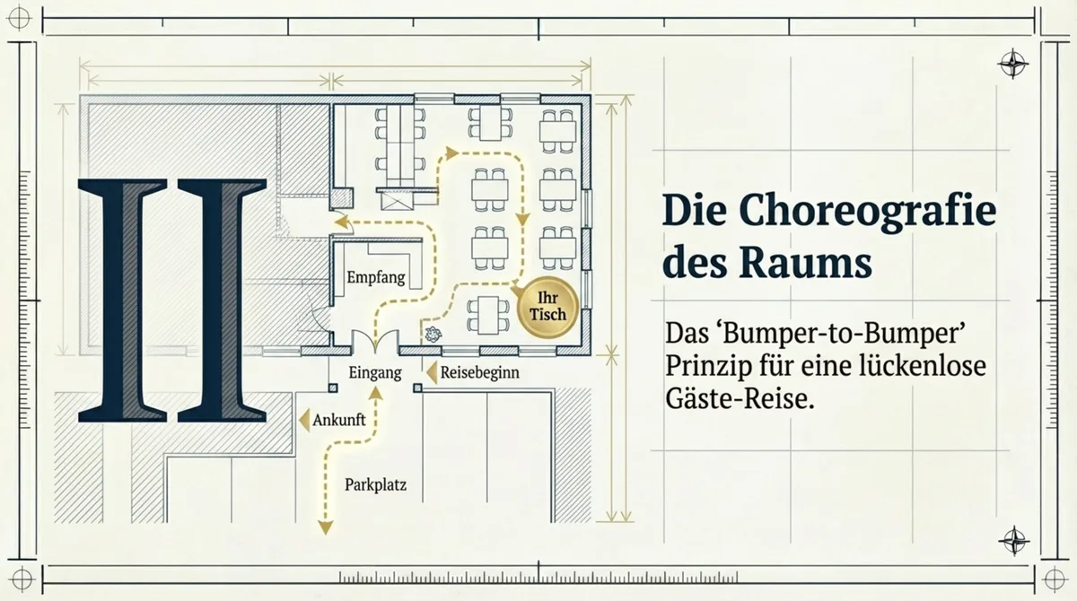 Bumper-to-Bumper Restaurant-Choreografie: Grundriss zeigt die komplette Gäste-Reise vom Parkplatz über Empfang bis zum Tisch
