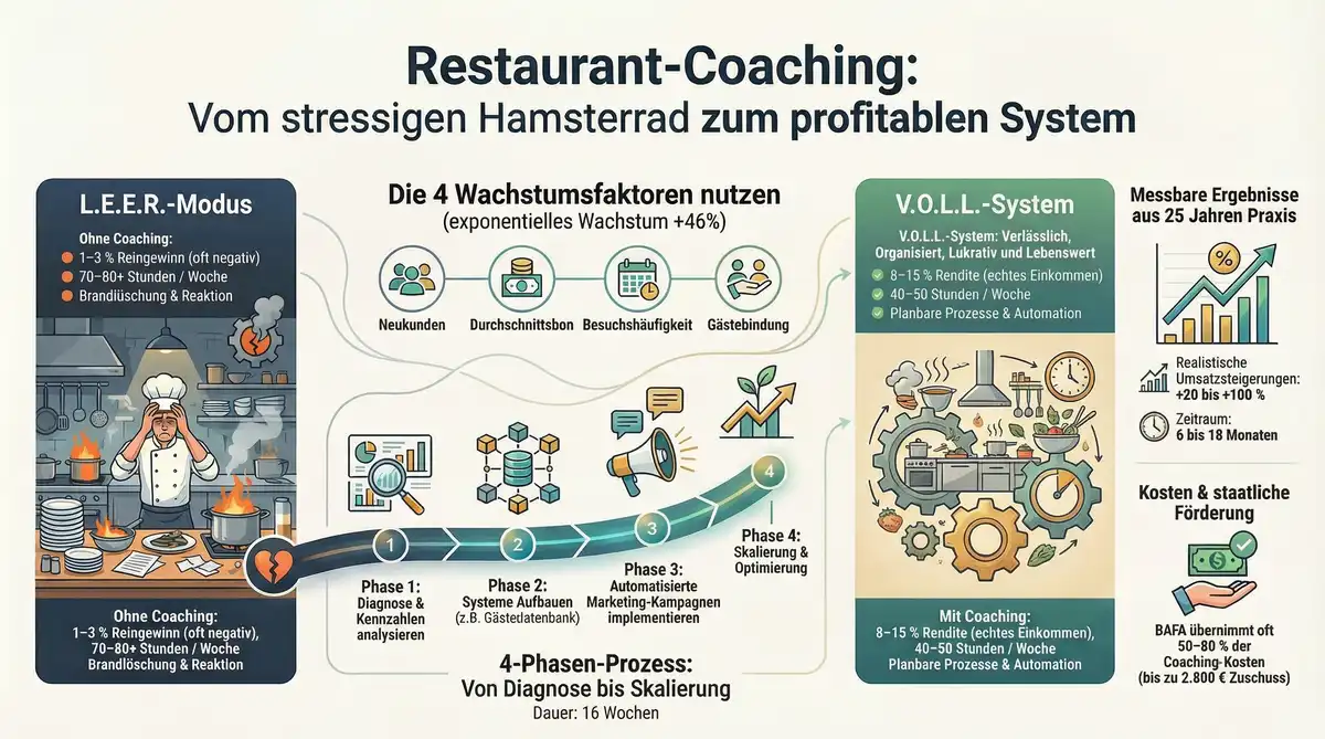 Infografik: Die 4 GastroInsider Wachstumsfaktoren und der 4-Phasen-Coaching-Prozess vom L.E.E.R.- zum V.O.L.L.-Modus