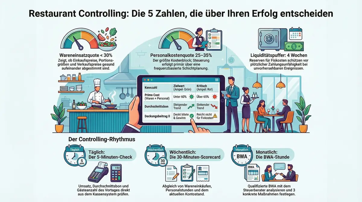 Restaurant Controlling Infografik: Die 5 wichtigsten Kennzahlen und der tägliche, wöchentliche und monatliche Controlling-Rhythmus