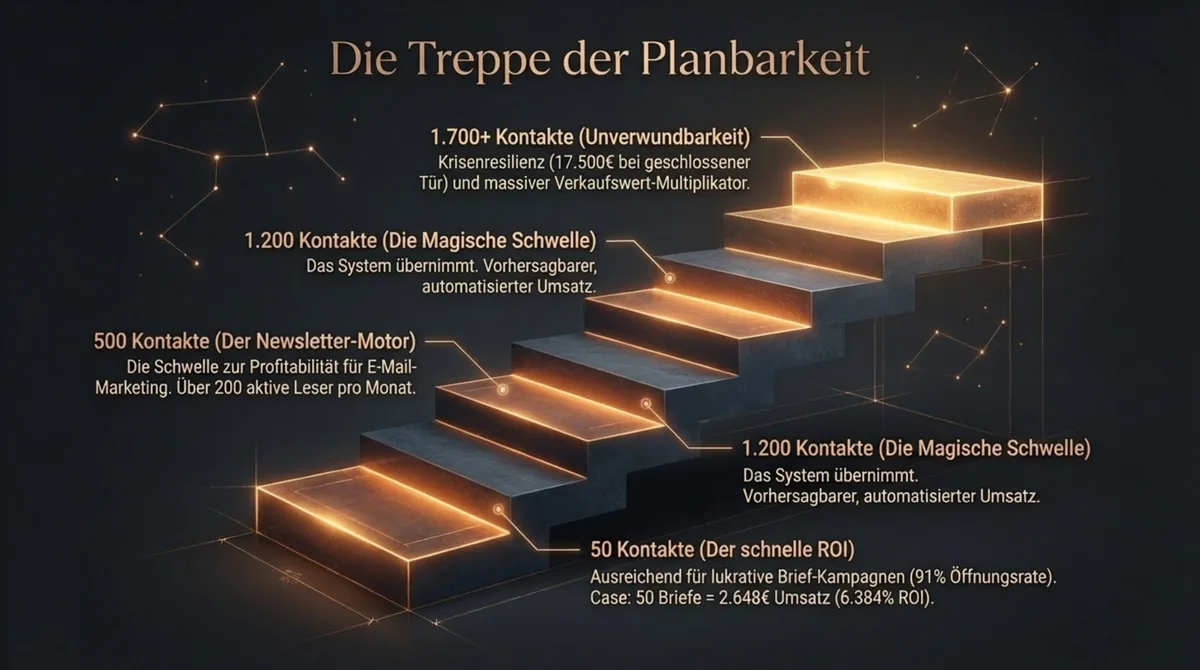 Die Datenbank-Leiter: 50 Kontakte erster Brief 91 Prozent Öffnungsrate, 500 Kontakte Newsletter, 1.200 Kontakte magische Schwelle, 1.700 Kontakte Krisensicherheit