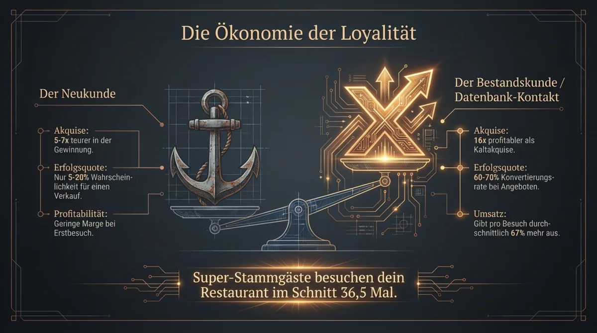 Ökonomie der Loyalität: Neukunde 5-7x teurer als Bestandskunde, Stammgast 16x profitabler als Kaltakquise, 67 Prozent mehr Umsatz pro Besuch