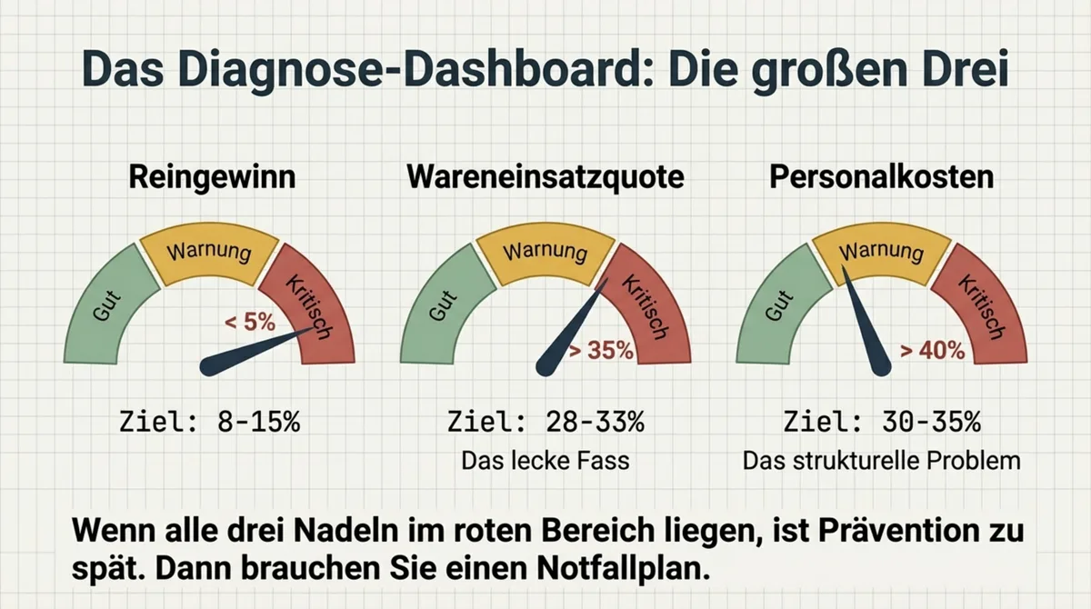 Restaurant Diagnose-Dashboard: Reingewinn-Ziel 8-15%, Wareneinsatzquote 28-33%, Personalkosten 30-35% – die roten Linien