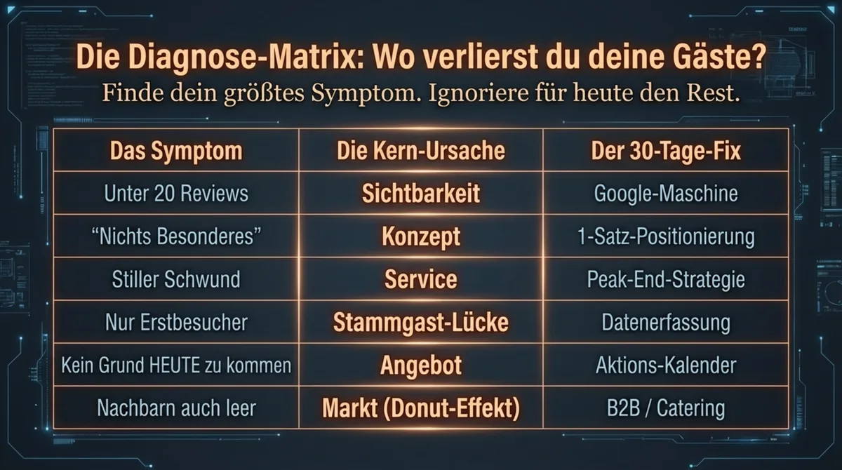 Diagnose-Matrix Restaurant: 6 Ursachen für leere Tische mit Symptomen und 30-Tage-Fix