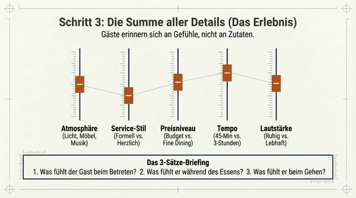 Restaurant Erlebnis gestalten: 5 Dimensionen von Atmosphäre über Service-Stil bis Lautstärke mit 3-Sätze-Briefing